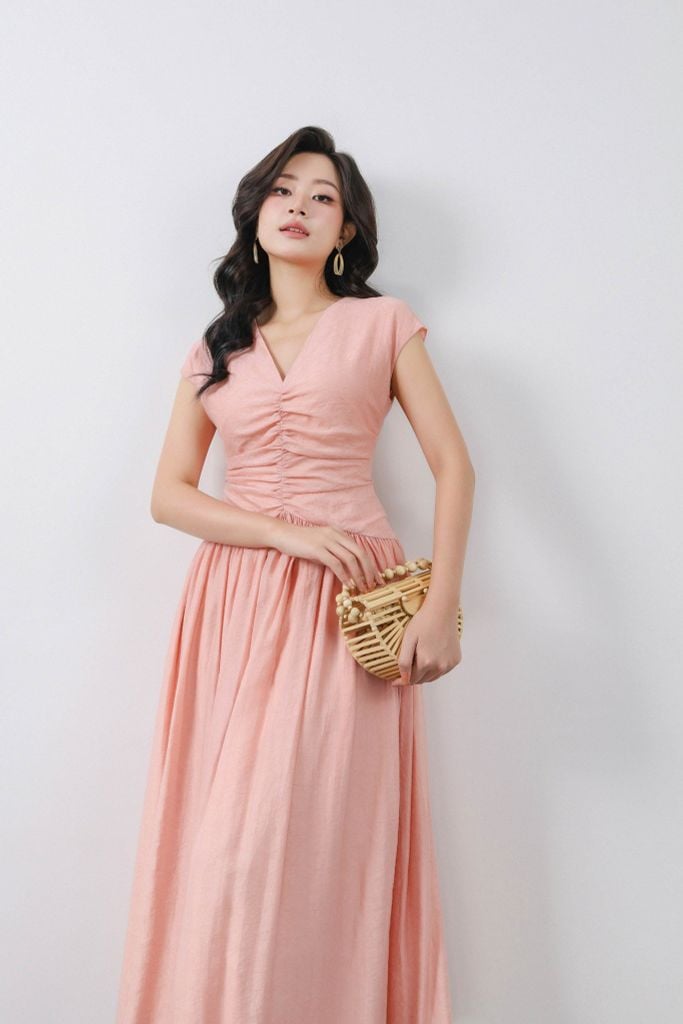 FDP33526 - Đầm dạo phố vải tơ dáng xoè cổ xẻ V vai chờm thân váy xếp nhún tạo kiểu khóa thân sau - PANTIO