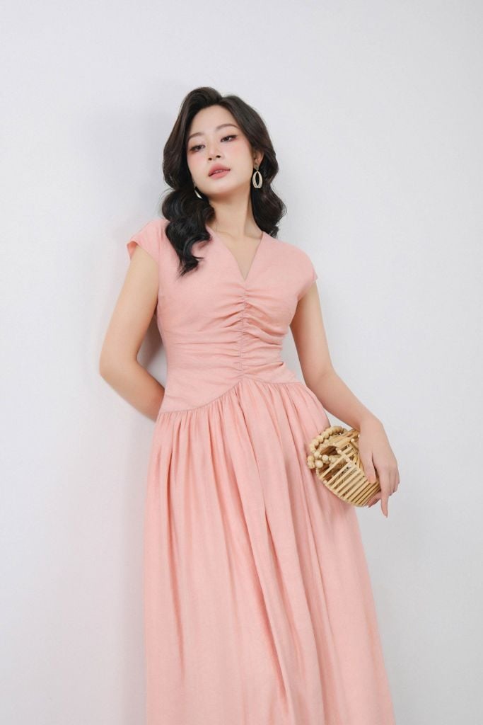 FDP33526 - Đầm dạo phố vải tơ dáng xoè cổ xẻ V vai chờm thân váy xếp nhún tạo kiểu khóa thân sau - PANTIO