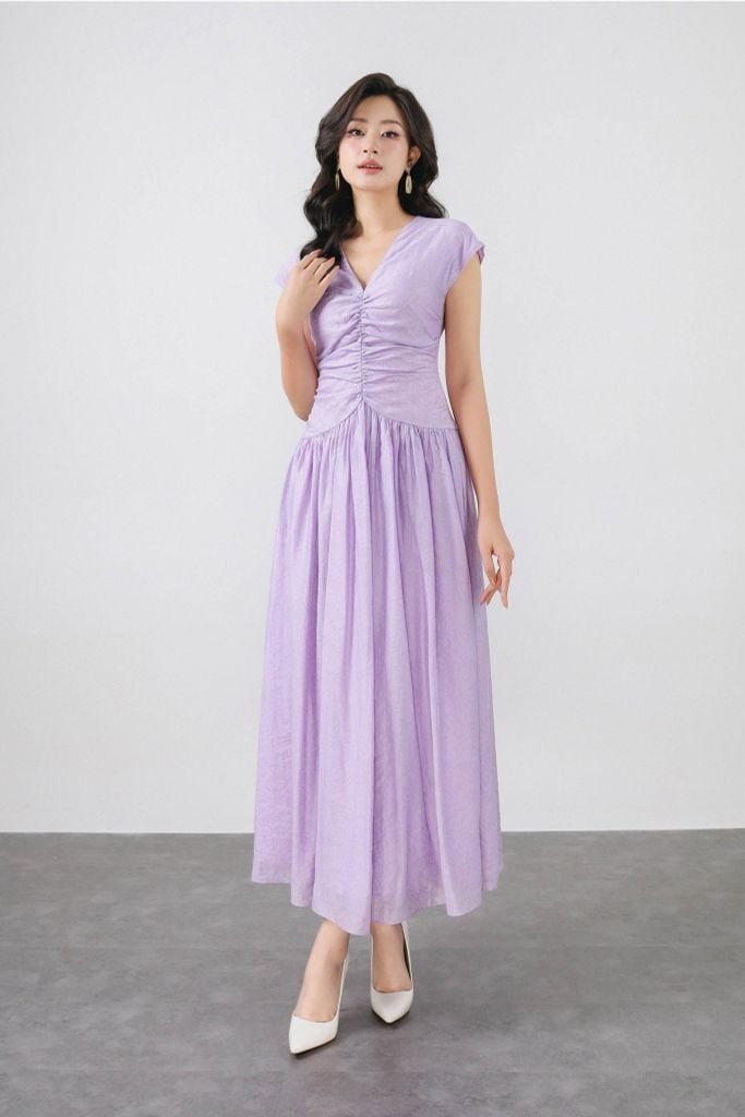 FDP33526 - Đầm dạo phố vải tơ dáng xoè cổ xẻ V vai chờm thân váy xếp nhún tạo kiểu khóa thân sau - PANTIO
