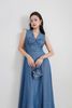 FDP33529 - Đầm dạo phố vải demin dáng ôm cổ xẻ V không tay ngực xếp nhún thân váy phối dây đai tạo kiểu khoá thân sau - PANTIO