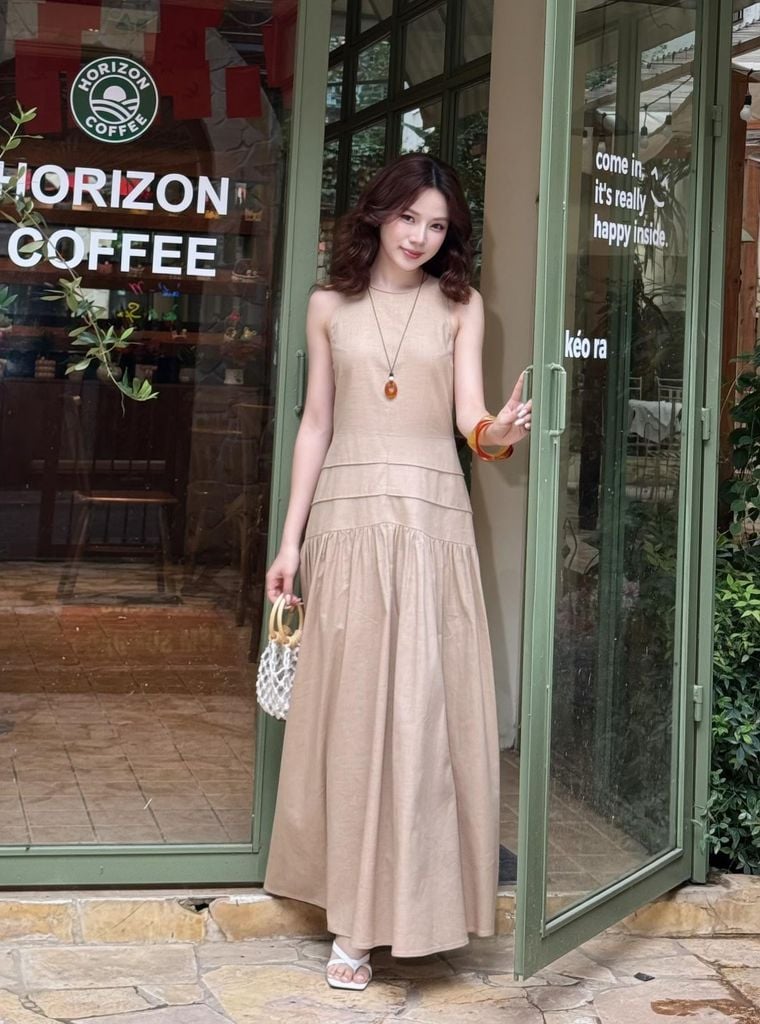 FDP33542 - tylekeo88 tv vải linen dáng A xòe cổ tròn không tay thân váy xếp nhún tạo xoè khoá thân sau - tỷ lệ kèo 8899