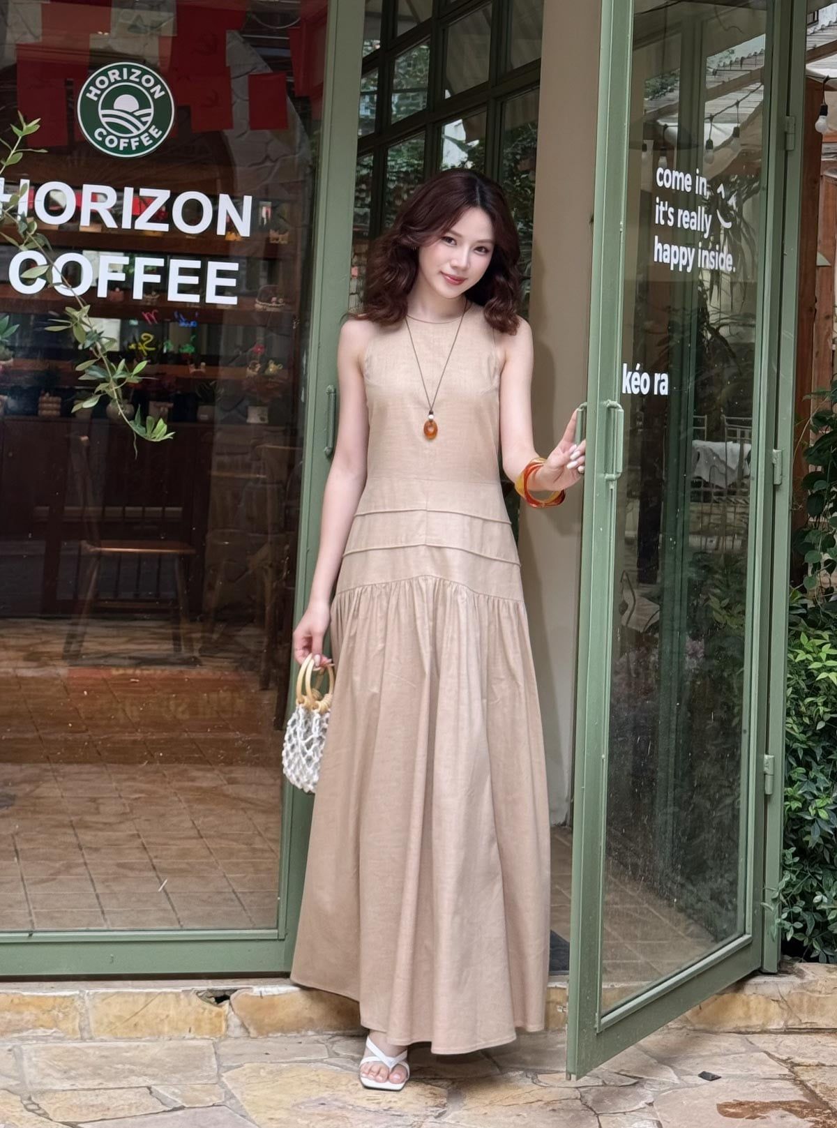 FDP33542 - tylekeo88 tv vải linen dáng A xòe cổ tròn không tay thân váy xếp nhún tạo xoè khoá thân sau - tỷ lệ kèo 8899