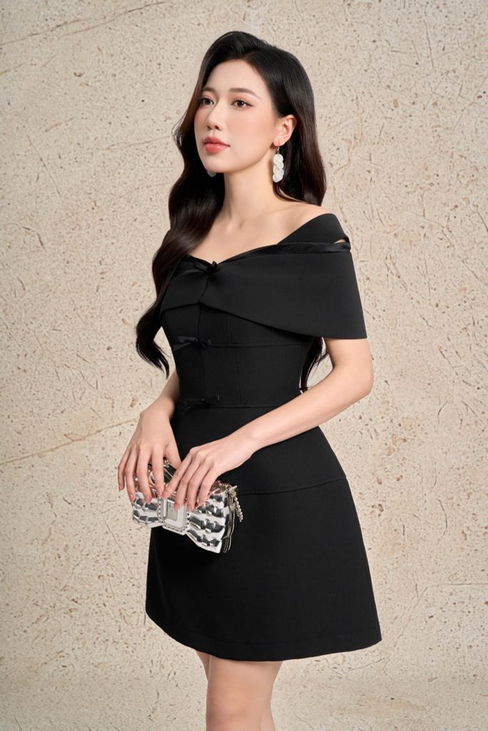 FDP33545 - Đầm dạo phố vải thô dày dáng chữ A ngắn trễ vai thân váy đính nơ tạo kiểu khoá thân sau - PANTIO