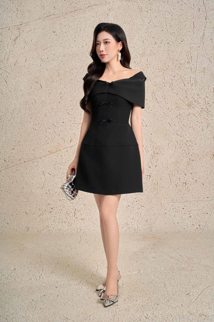 FDP33545 - Đầm dạo phố vải thô dày dáng chữ A ngắn trễ vai thân váy đính nơ tạo kiểu khoá thân sau - PANTIO