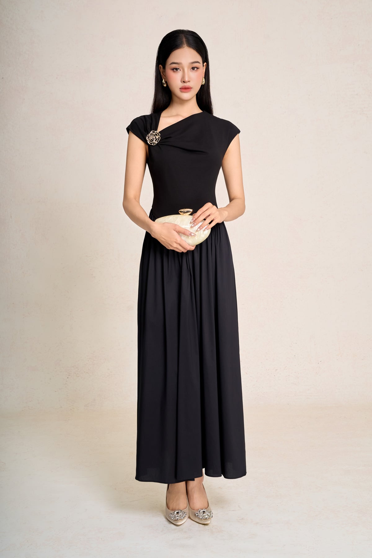 FDP33547 - Đầm dạo phố vải cotton dáng chữ A cổ kiểu phối đá cài tay chờm thân váy xếp nhún tạo xoè - PANTIO