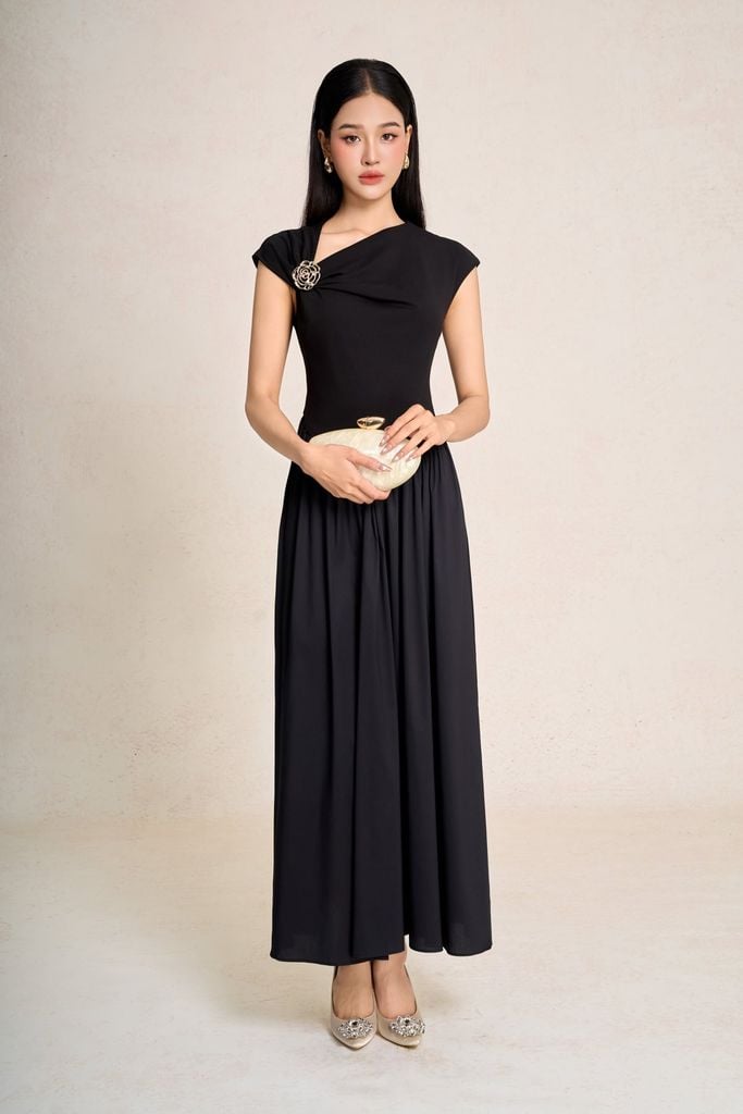 FDP33547 - Đầm dạo phố vải cotton dáng chữ A cổ kiểu phối đá cài tay chờm thân váy xếp nhún tạo xoè - PANTIO