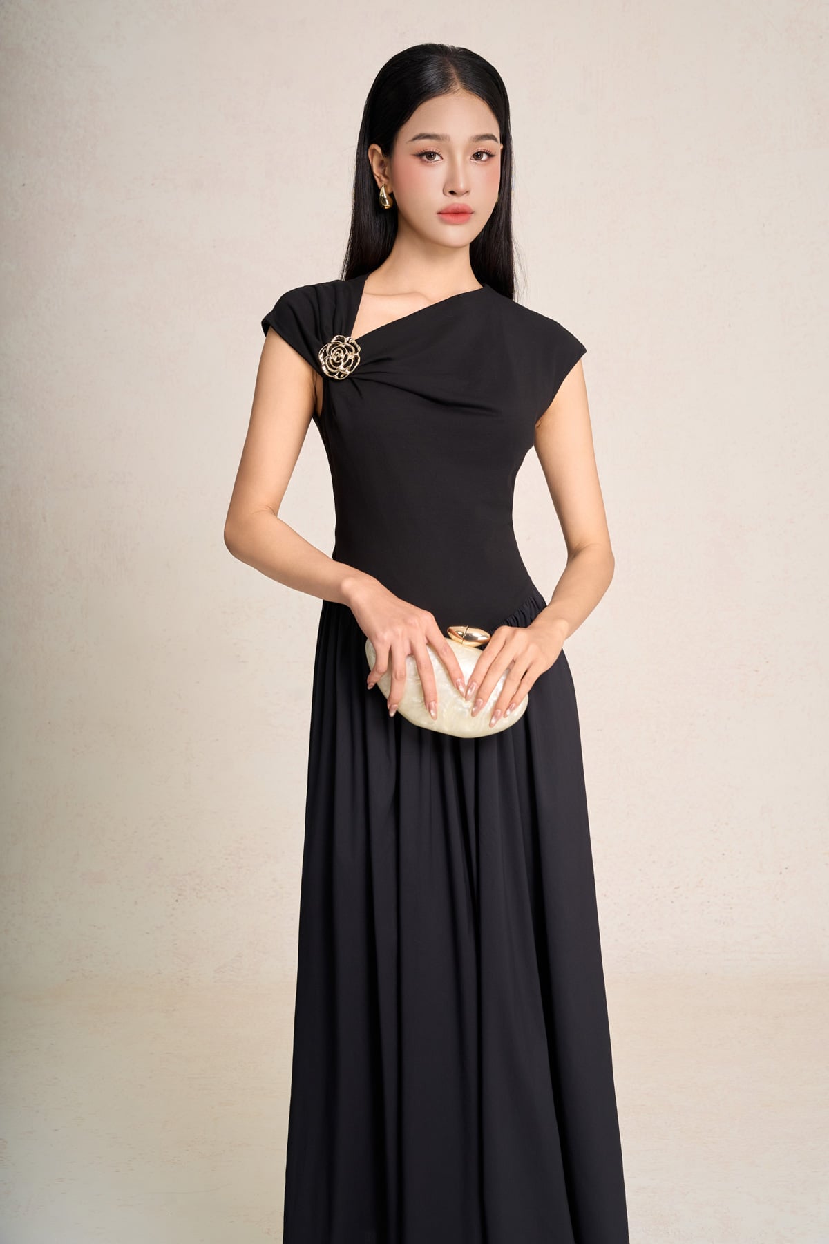 FDP33547 - Đầm dạo phố vải cotton dáng chữ A cổ kiểu phối đá cài tay chờm thân váy xếp nhún tạo xoè - PANTIO