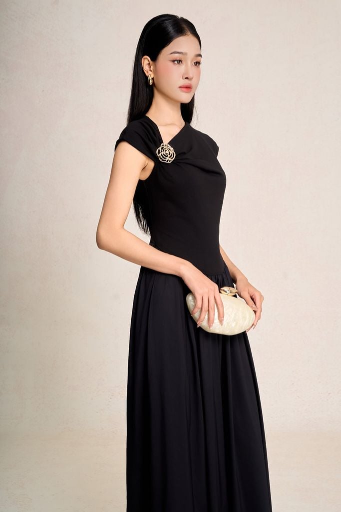 FDP33547 - Đầm dạo phố vải cotton dáng chữ A cổ kiểu phối đá cài tay chờm thân váy xếp nhún tạo xoè - PANTIO
