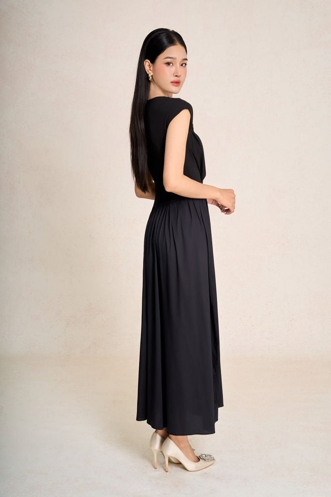 FDP33547 - Đầm dạo phố vải cotton dáng chữ A cổ kiểu phối đá cài tay chờm thân váy xếp nhún tạo xoè - PANTIO