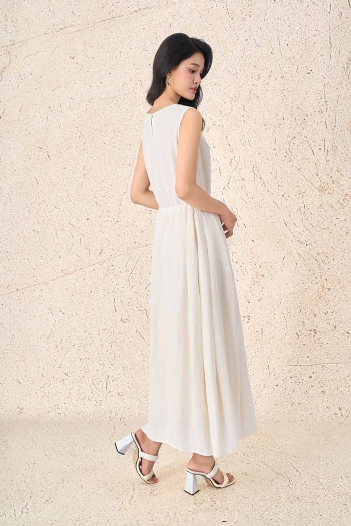 FDP33555 - Đầm dạo phố vải thô mỏng dáng suông cổ thuyền không tay eo váy bo chun ôm tạo kiểu - PANTIO