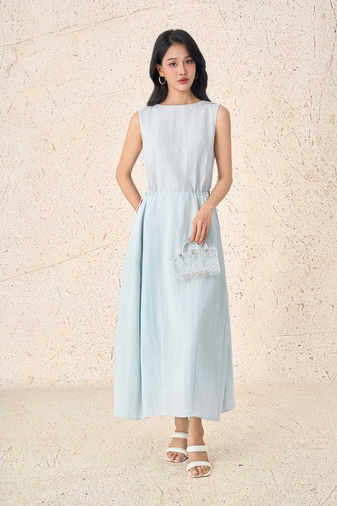 FDP33555 - Đầm dạo phố vải thô mỏng dáng suông cổ thuyền không tay eo váy bo chun ôm tạo kiểu - PANTIO