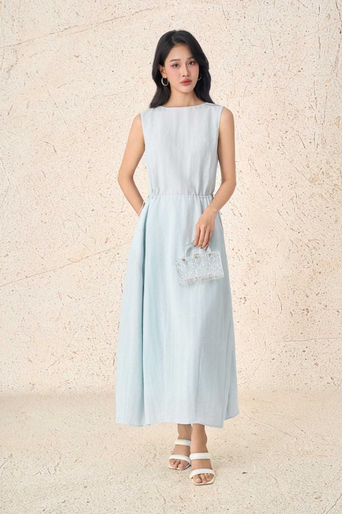 FDP33555 - Đầm dạo phố vải thô mỏng dáng suông cổ thuyền không tay eo váy bo chun ôm tạo kiểu - PANTIO