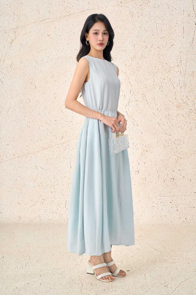 FDP33555 - Đầm dạo phố vải thô mỏng dáng suông cổ thuyền không tay eo váy bo chun ôm tạo kiểu - PANTIO