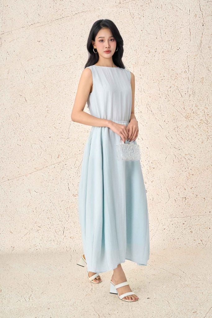 FDP33555 - Đầm dạo phố vải thô mỏng dáng suông cổ thuyền không tay eo váy bo chun ôm tạo kiểu - PANTIO