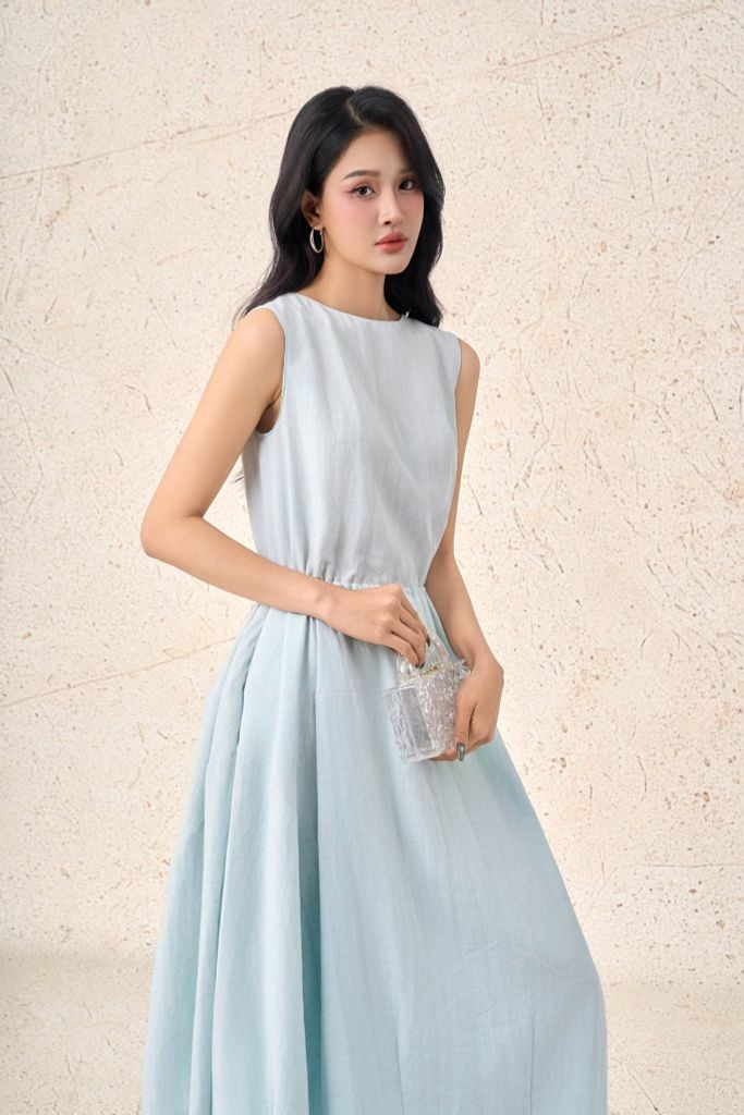 FDP33555 - Đầm dạo phố vải thô mỏng dáng suông cổ thuyền không tay eo váy bo chun ôm tạo kiểu - PANTIO