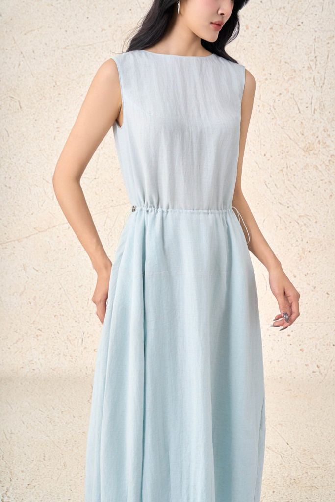 FDP33555 - Đầm dạo phố vải thô mỏng dáng suông cổ thuyền không tay eo váy bo chun ôm tạo kiểu - PANTIO