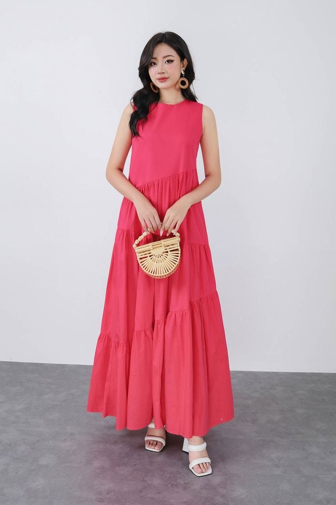 FDP33557 - Đầm dạo phố vải thô kate dáng suông cổ tròn không tay thân váy xếp nhún tầng lưng váy đan dây thời trang - PANTIO