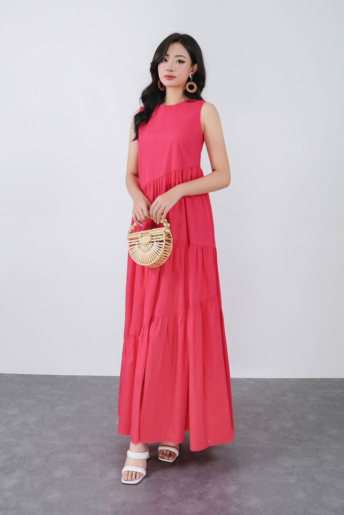 FDP33557 - Đầm dạo phố vải thô kate dáng suông cổ tròn không tay thân váy xếp nhún tầng lưng váy đan dây thời trang - PANTIO