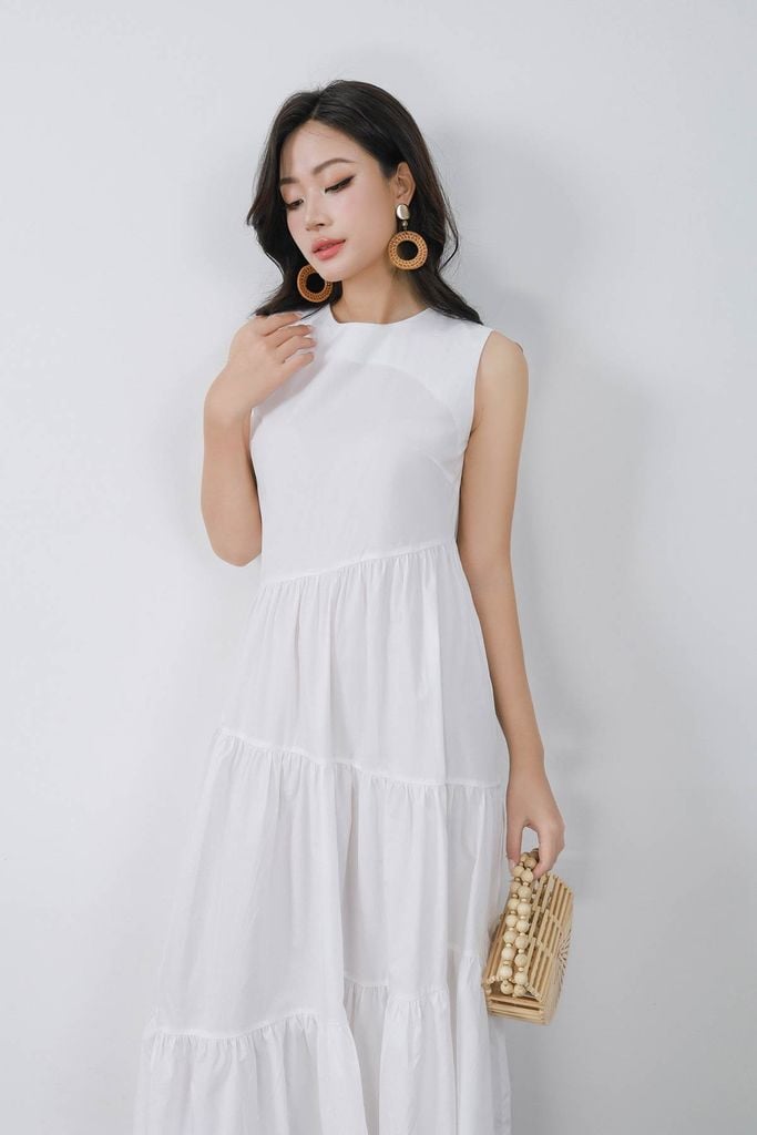 FDP33557 - Đầm dạo phố vải thô kate dáng suông cổ tròn không tay thân váy xếp nhún tầng lưng váy đan dây thời trang - PANTIO