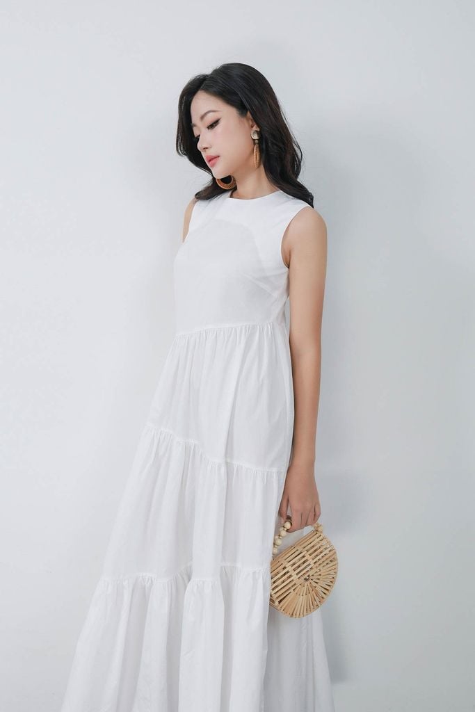 FDP33557 - Đầm dạo phố vải thô kate dáng suông cổ tròn không tay thân váy xếp nhún tầng lưng váy đan dây thời trang - PANTIO