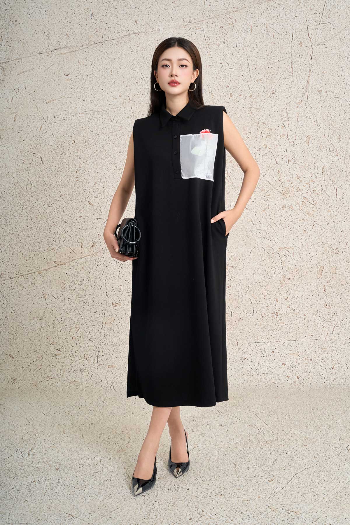 FDP33558 - Đầm dạo phố vải cotton dáng suông cổ đức không tay có đệm vai ngực váy có túi in hoạ tiết thời trang - PANTIO