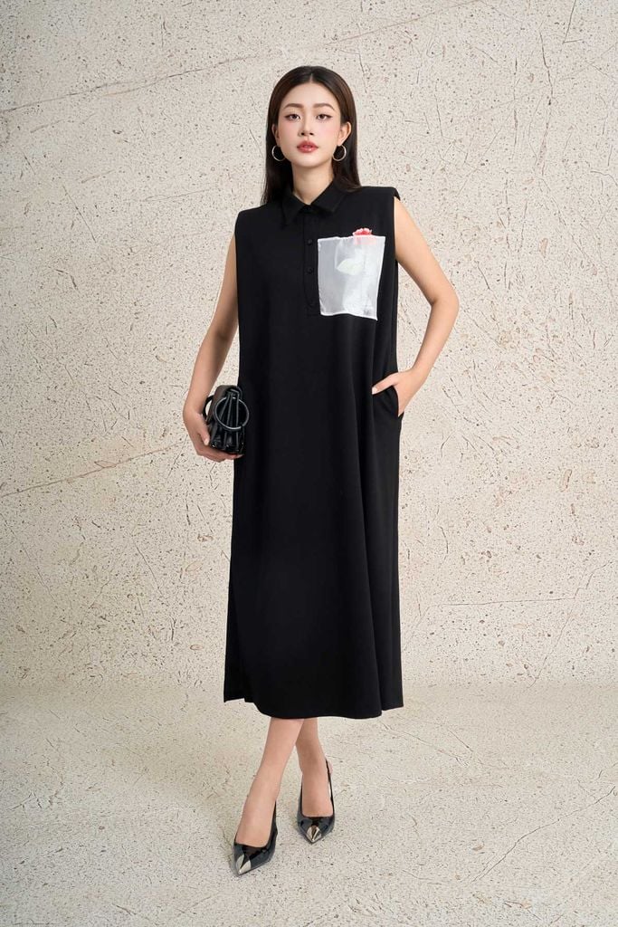 FDP33558 - Đầm dạo phố vải cotton dáng suông cổ đức không tay có đệm vai ngực váy có túi in hoạ tiết thời trang - PANTIO