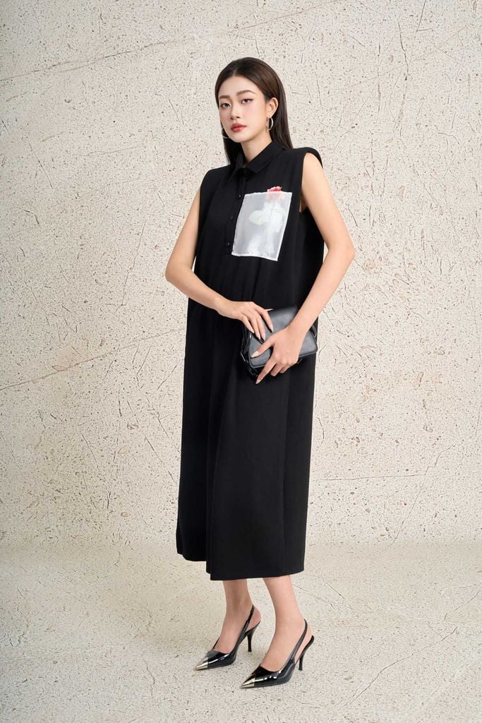 FDP33558 - Đầm dạo phố vải cotton dáng suông cổ đức không tay có đệm vai ngực váy có túi in hoạ tiết thời trang - PANTIO