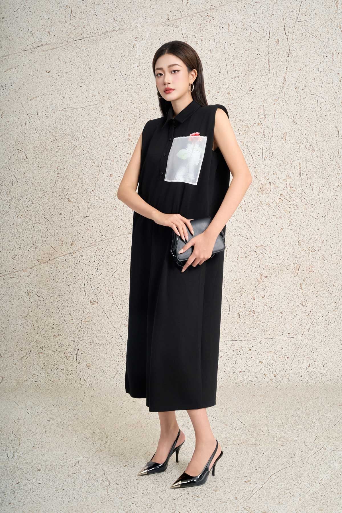 FDP33558 - Đầm dạo phố vải cotton dáng suông cổ đức không tay có đệm vai ngực váy có túi in hoạ tiết thời trang - PANTIO