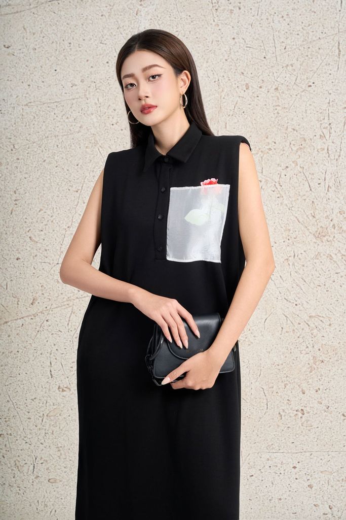 FDP33558 - Đầm dạo phố vải cotton dáng suông cổ đức không tay có đệm vai ngực váy có túi in hoạ tiết thời trang - PANTIO