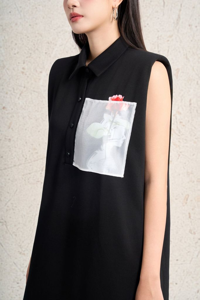 FDP33558 - Đầm dạo phố vải cotton dáng suông cổ đức không tay có đệm vai ngực váy có túi in hoạ tiết thời trang - PANTIO