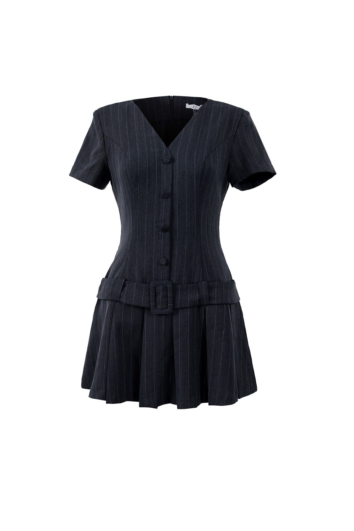 FDP33560 - Đầm dạo phố vải thô kẻ dáng suông cổ xẻ V thân váy phối dây lưng gấu váy xếp ly tạo kiểu - JAN.