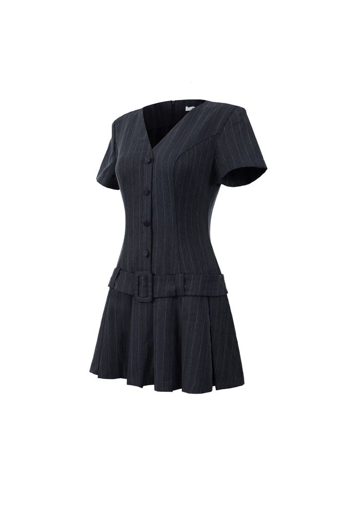 FDP33560 - Đầm dạo phố vải thô kẻ dáng suông cổ xẻ V thân váy phối dây lưng gấu váy xếp ly tạo kiểu - JAN.