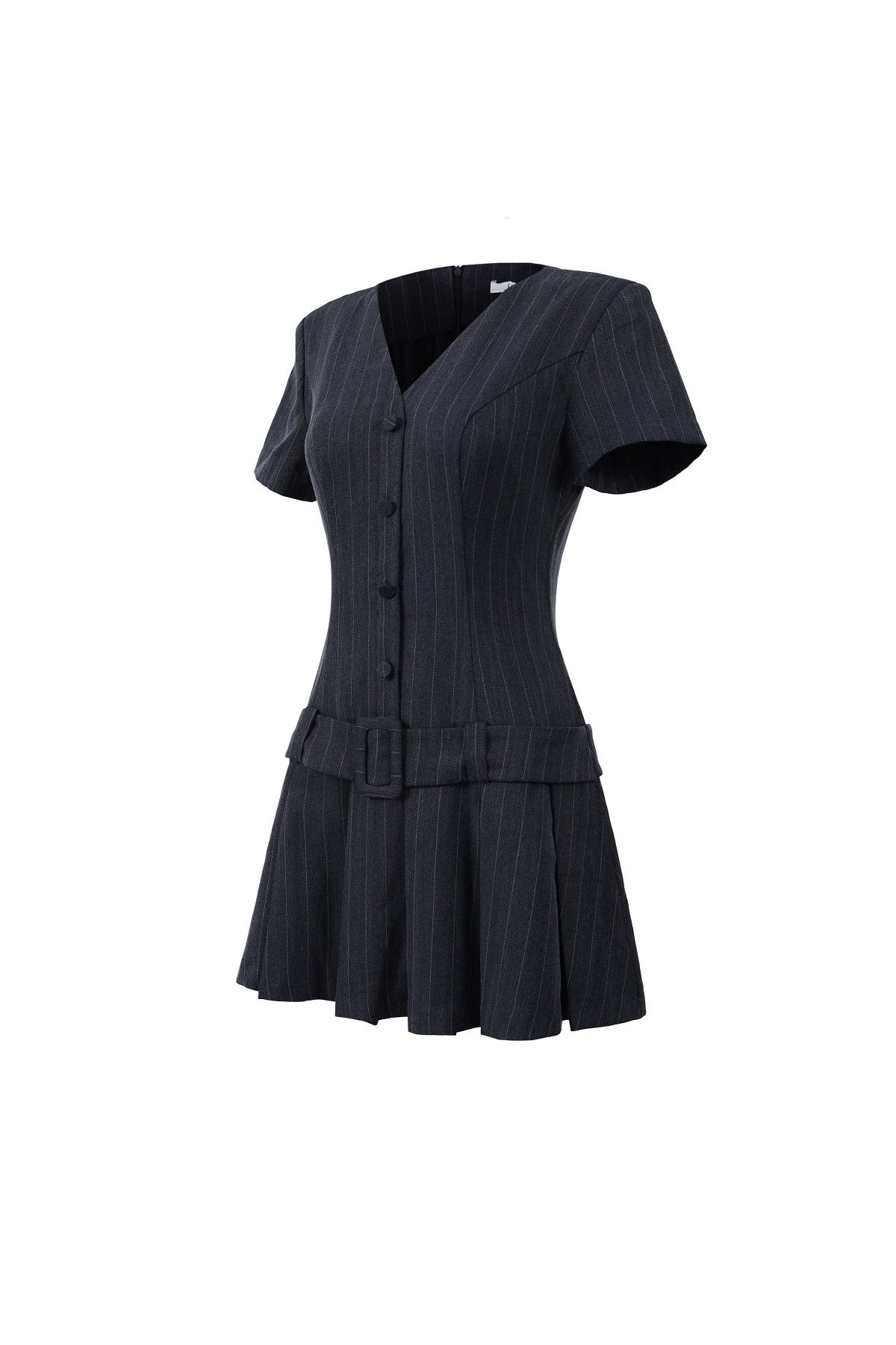 FDP33560 - Đầm dạo phố vải thô kẻ dáng suông cổ xẻ V thân váy phối dây lưng gấu váy xếp ly tạo kiểu - JAN.