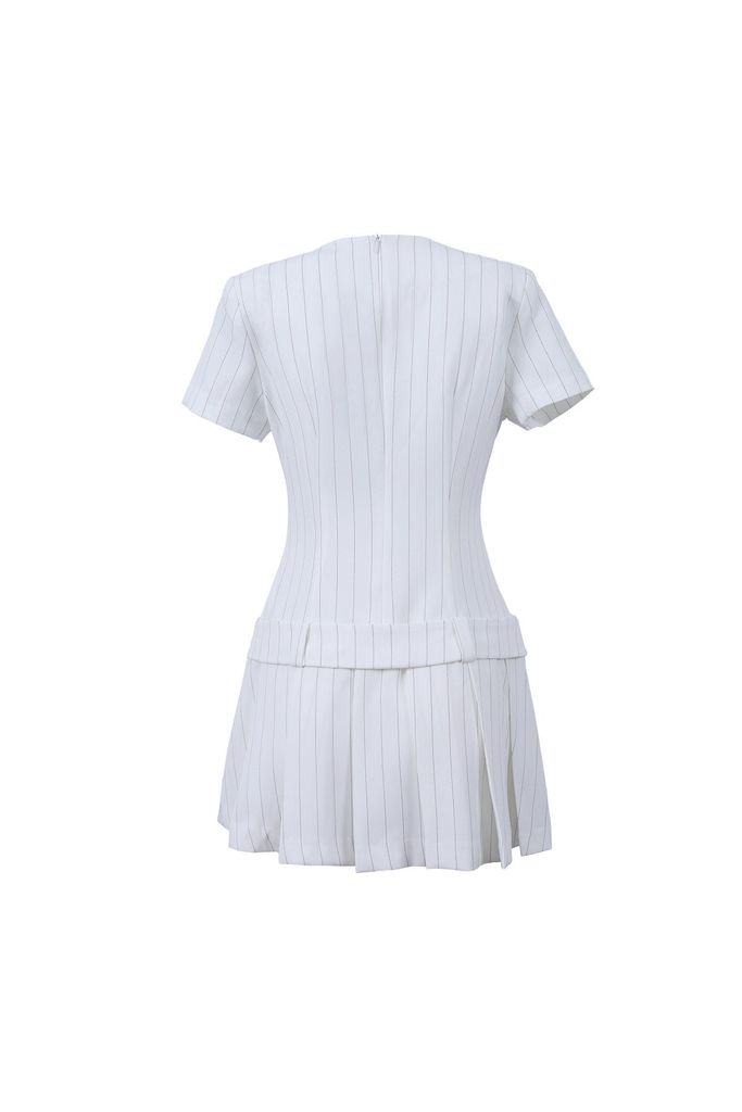 FDP33560 - Đầm dạo phố vải thô kẻ dáng suông cổ xẻ V thân váy phối dây lưng gấu váy xếp ly tạo kiểu - JAN.