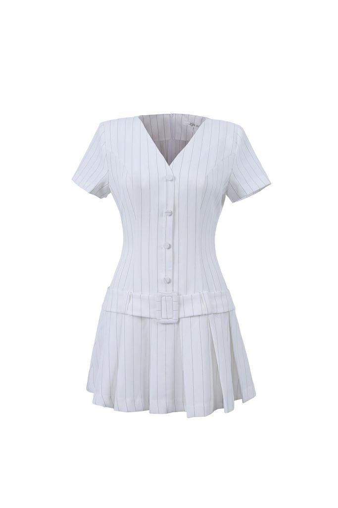 FDP33560 - Đầm dạo phố vải thô kẻ dáng suông cổ xẻ V thân váy phối dây lưng gấu váy xếp ly tạo kiểu - JAN.