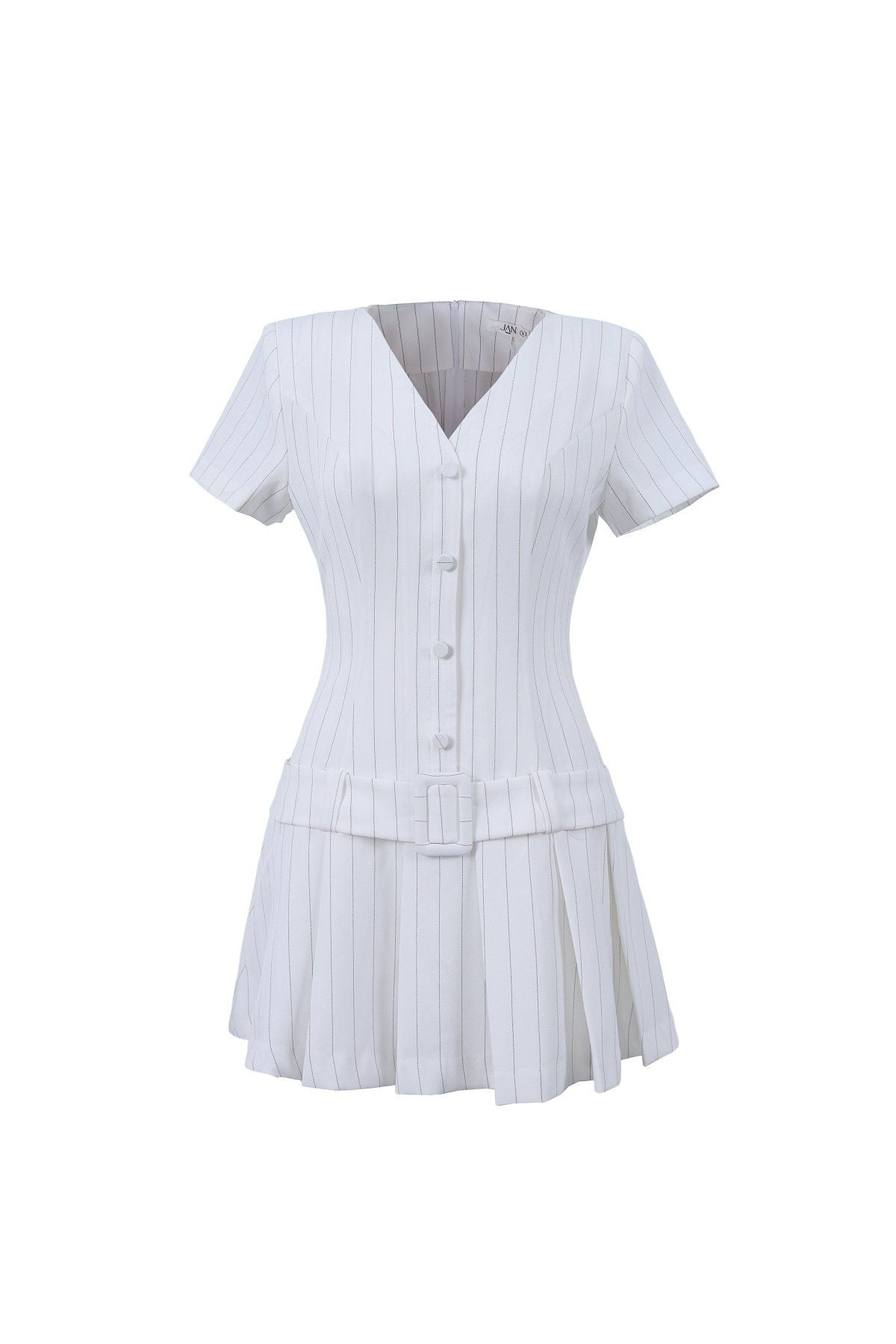 FDP33560 - Đầm dạo phố vải thô kẻ dáng suông cổ xẻ V thân váy phối dây lưng gấu váy xếp ly tạo kiểu - JAN.