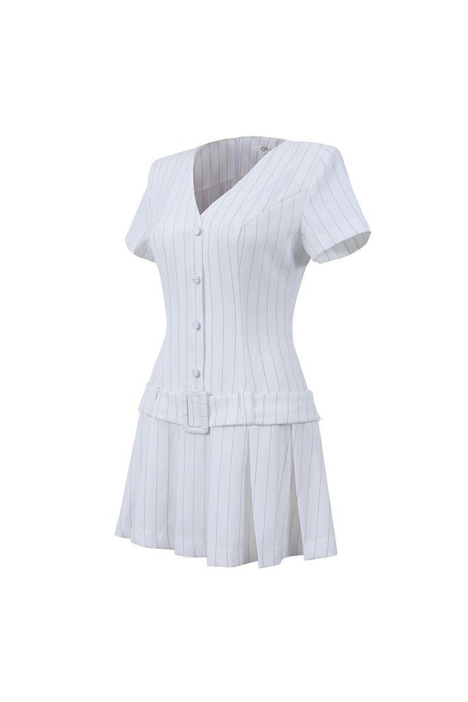 FDP33560 - Đầm dạo phố vải thô kẻ dáng suông cổ xẻ V thân váy phối dây lưng gấu váy xếp ly tạo kiểu - JAN.