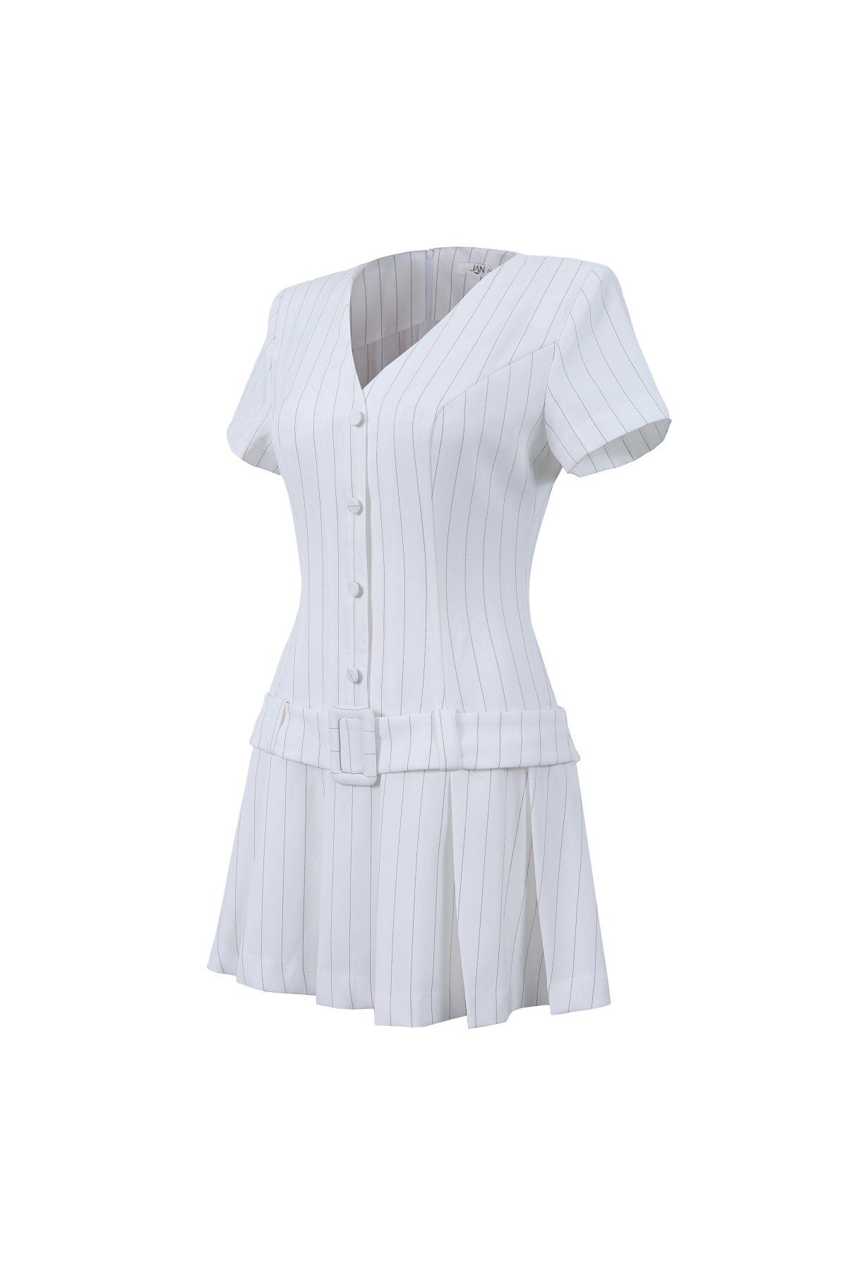 FDP33560 - Đầm dạo phố vải thô kẻ dáng suông cổ xẻ V thân váy phối dây lưng gấu váy xếp ly tạo kiểu - JAN.