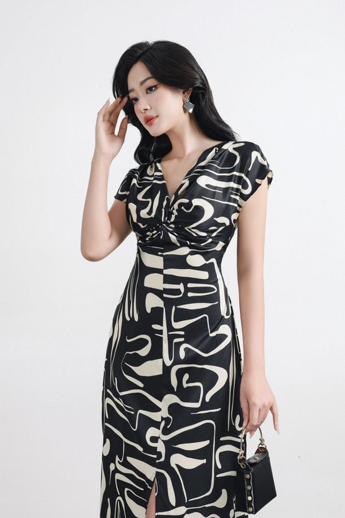FDP33564 - Đầm dạo phố vải lụa cổ V vặn xoắn vai chờm lưng phối dây thắt nơ tạo kiểu khoá thân sau - PANTIO