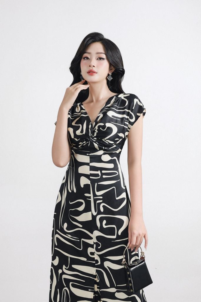 FDP33564 - Đầm dạo phố vải lụa cổ V vặn xoắn vai chờm lưng phối dây thắt nơ tạo kiểu khoá thân sau - PANTIO
