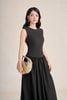 FDP33566 - Đầm dạo phố vải thô dáng xòe cổ tròn không tay thân váy xếp nhún tạo xoè khoá thân sau - PANTIO