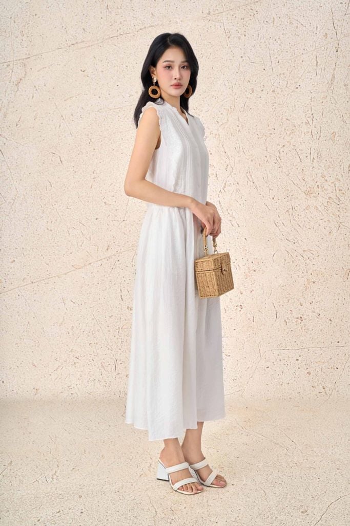 FDP33575 - Đầm dạo phố vải tơ dáng xoè cổ xẻ V tay chờm thân áo phối viền ren chiết eo tạo kiểu - PANTIO