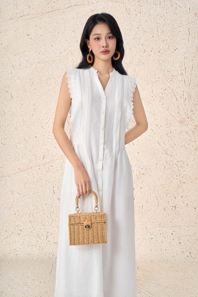 FDP33575 - Đầm dạo phố vải tơ dáng xoè cổ xẻ V tay chờm thân áo phối viền ren chiết eo tạo kiểu - PANTIO