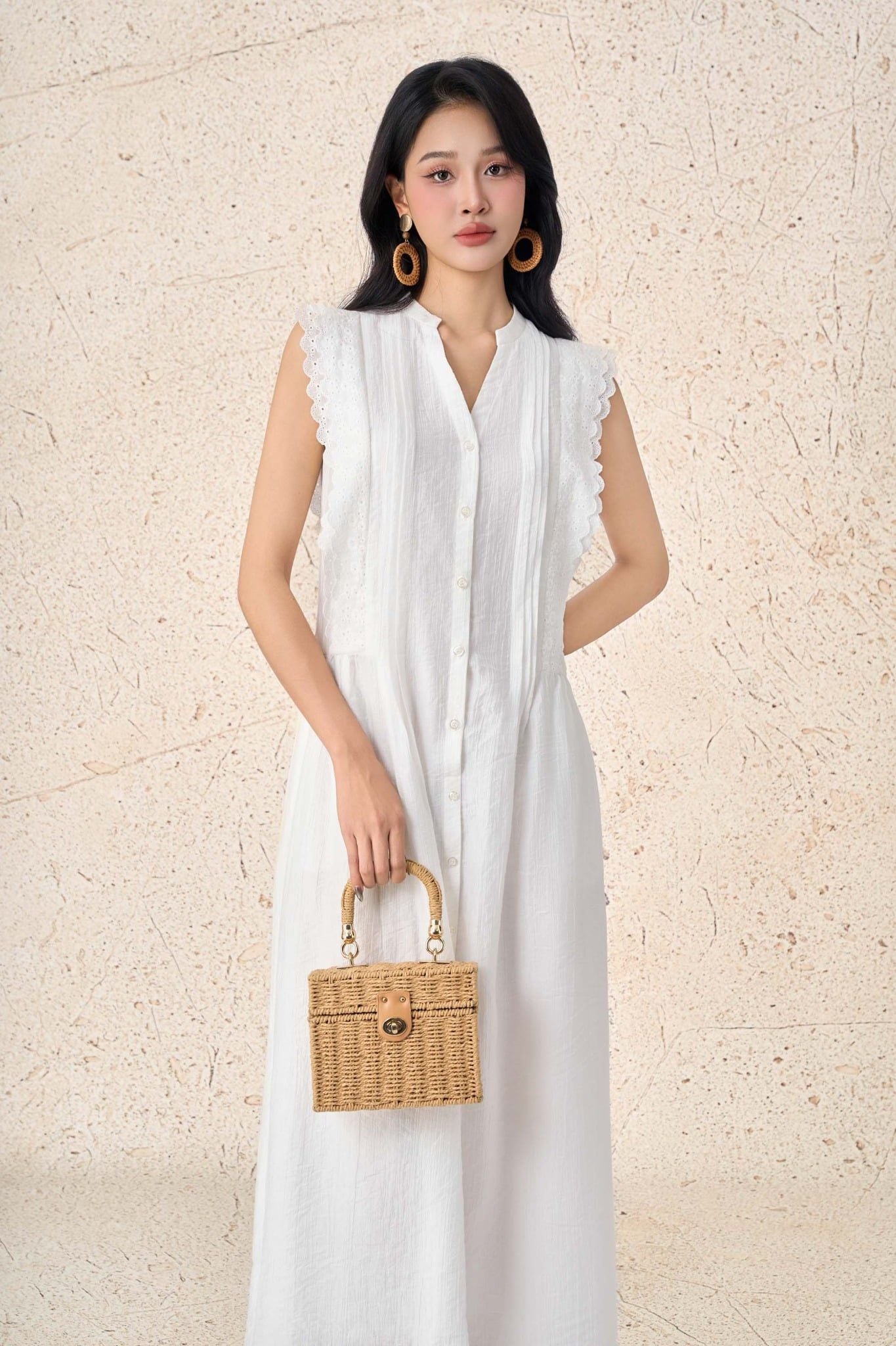 FDP33575 - Đầm dạo phố vải tơ dáng xoè cổ xẻ V tay chờm thân áo phối viền ren chiết eo tạo kiểu - PANTIO