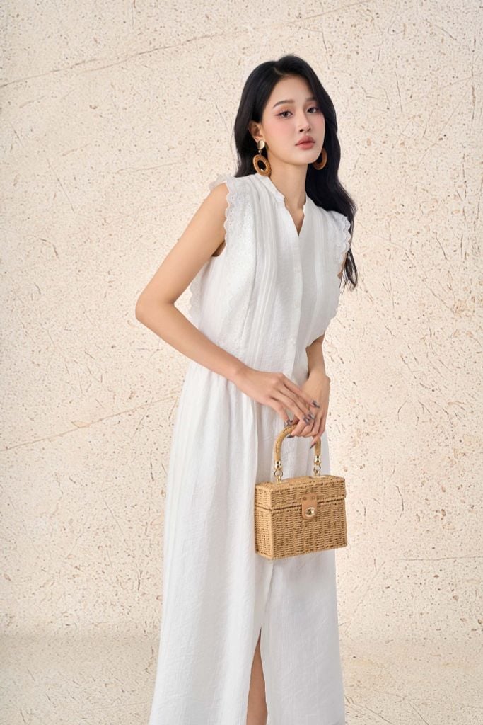 FDP33575 - Đầm dạo phố vải tơ dáng xoè cổ xẻ V tay chờm thân áo phối viền ren chiết eo tạo kiểu - PANTIO