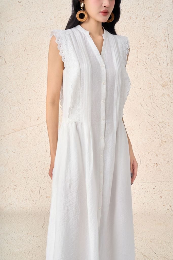 FDP33575 - Đầm dạo phố vải tơ dáng xoè cổ xẻ V tay chờm thân áo phối viền ren chiết eo tạo kiểu - PANTIO