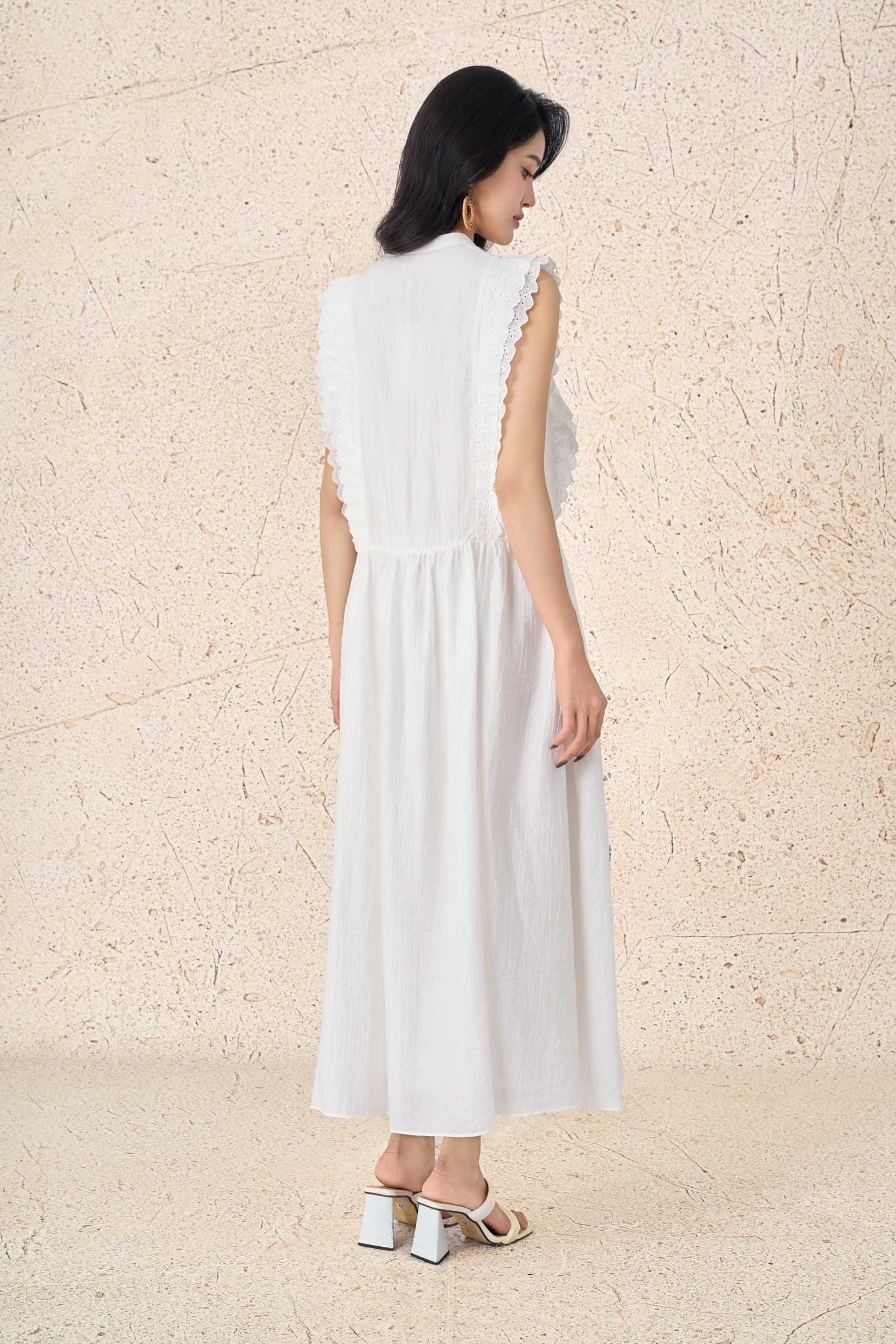 FDP33575 - Đầm dạo phố vải tơ dáng xoè cổ xẻ V tay chờm thân áo phối viền ren chiết eo tạo kiểu - PANTIO