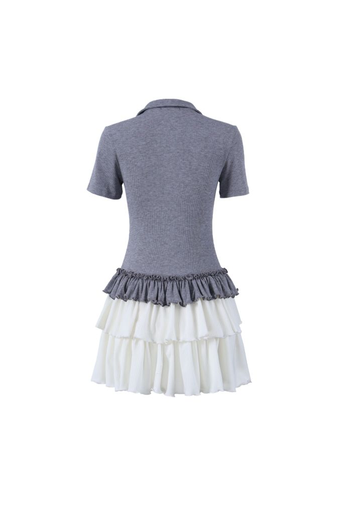 FDP33576 - Đầm dạo phố vải len dáng ôm cổ đức tay ngắn ngực áo thêu hoạ tiết thân váy xếp tầng tạo kiểu - JAN.