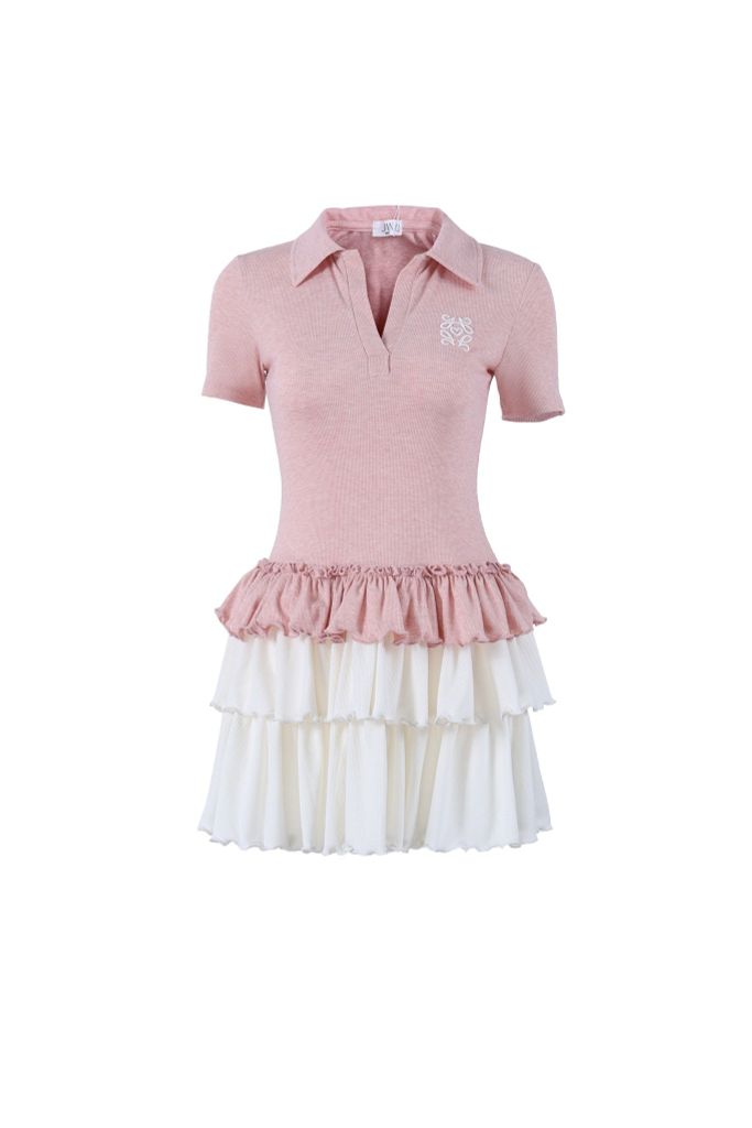 FDP33576 - Đầm dạo phố vải len dáng ôm cổ đức tay ngắn ngực áo thêu hoạ tiết thân váy xếp tầng tạo kiểu - JAN.