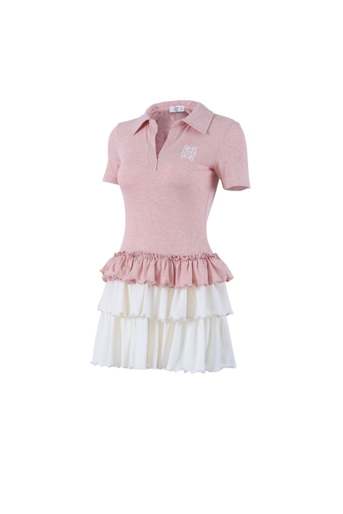 FDP33576 - Đầm dạo phố vải len dáng ôm cổ đức tay ngắn ngực áo thêu hoạ tiết thân váy xếp tầng tạo kiểu - JAN.